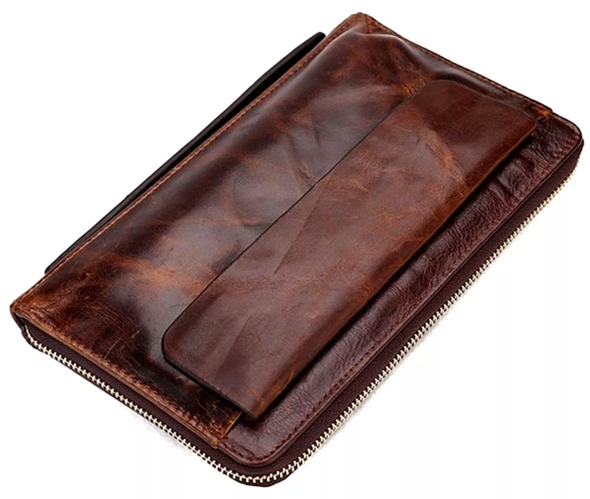 Fashion Mens Genuine Clutch Bag Zipper Leather Wallet - BROWN