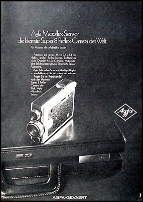 Agfa Microflex-Sensor, kleinste super 8 Reflex Camera originale Werbung aus 1970