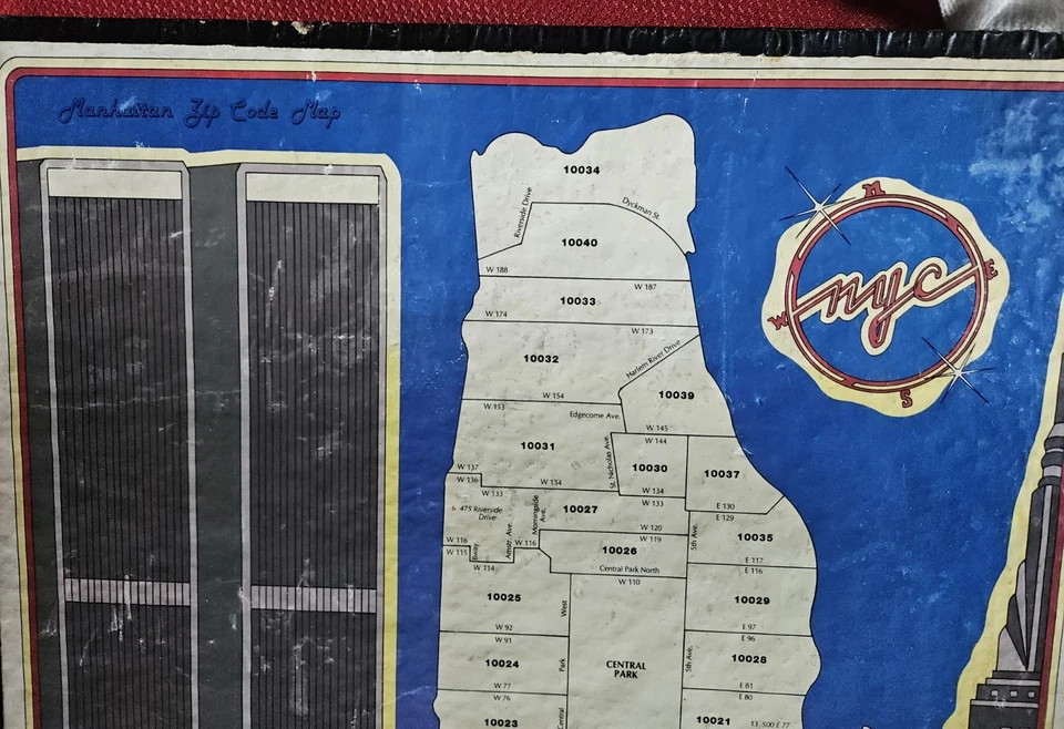 1980 ZIP Code Skyline Map Of Manhattan Twin Towers Great Graphics UNIQUE - Image 4 of 4
