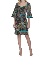 Vince Camuto Women's Cotton Leaf-Print Piped-Trim Dress Size 12