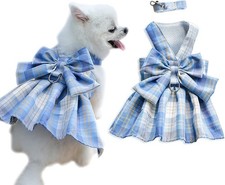 Cute Dog Dress, Plaid Harness Leash Set for Small Dogs Cats, Medium, Blue