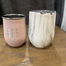 Set Wine Tumblers (2) Cheers And White Marble Stainless Steel Only One Lid