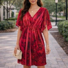 City Triangles Pink Red Abstract Floral Empire Waist V-Neck Flutter Dress M