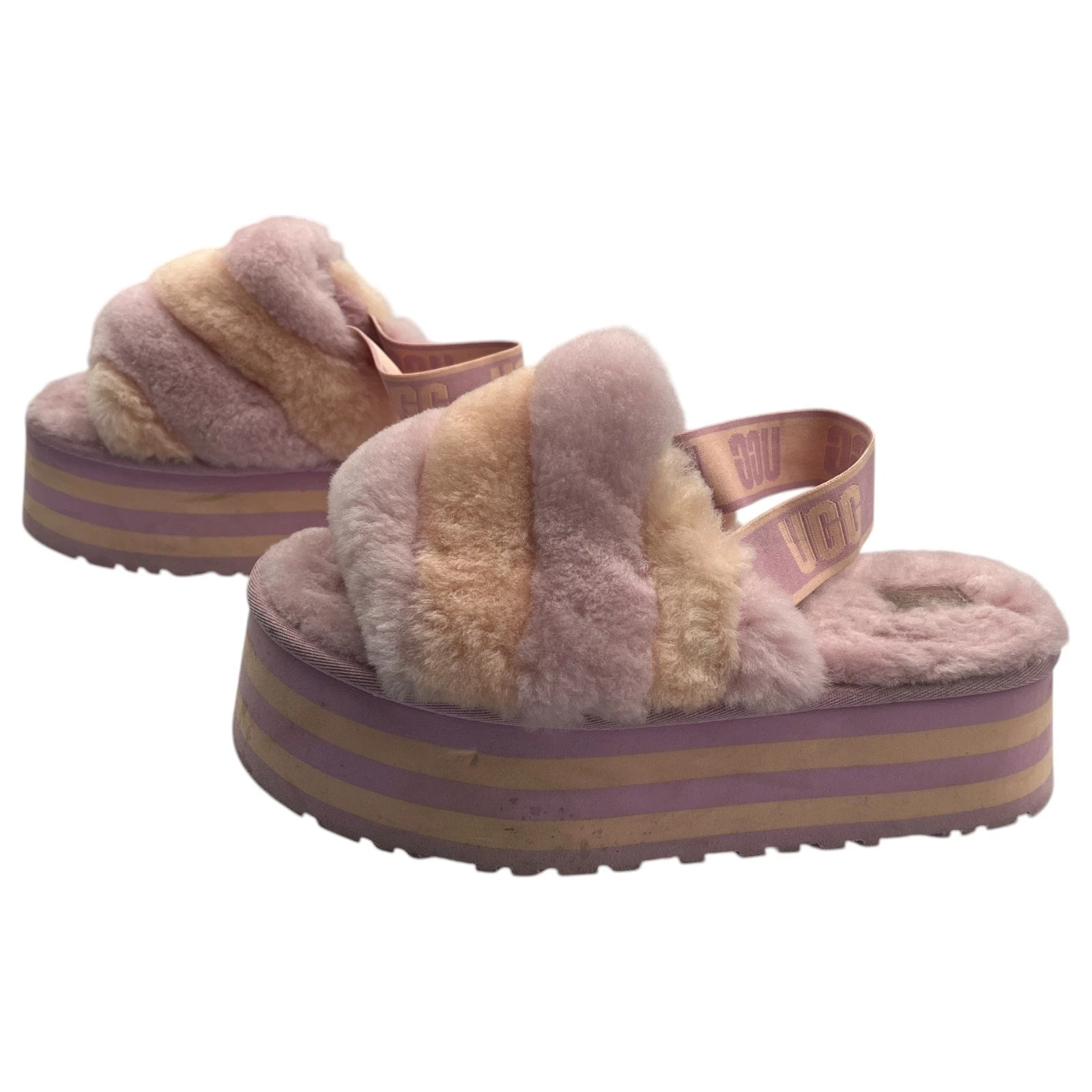 Sandali UGG discoteca righe slide pelle di pecora pelliccia plateau primula rosa crepuscolo taglia 8