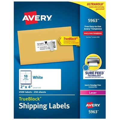 Avery Shipping Labels, Sure Feed Tech, 2  x 4 , White, 5963