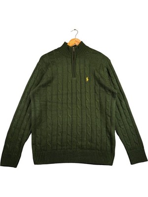 Polo Ralph Lauren Herren Pullover Gr. XL grün Zopfmuster Baumwolle 1/4 Zip - 1605