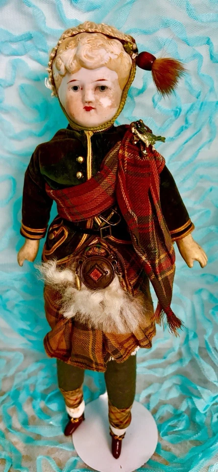 German Bisque Doll With Sculptured Hair And Scottish Costume/ 3” Doll / Dog - Image 3 of 4