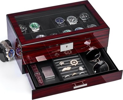 12 Slots Uhrenbox Herren Holz Watch Box 2-Tier Uhrenaufbewahrung mit Großem 