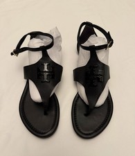 TORY BURCH Sandals Black Perforated Leather Laura Logo Women 8.5