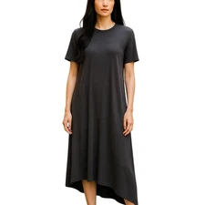 New NWT Eileen Fisher Black Round Neck Viscose Asymmetrical Midi Dress - XS