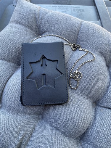 Leather Recessed 7 Point Star Badge & ID Holder Neck Case With Ball Chain