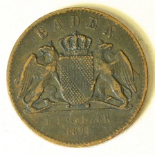 BADEN (German State) 1 Kreuzer 1871 - Victory in War with France - VF - 2153