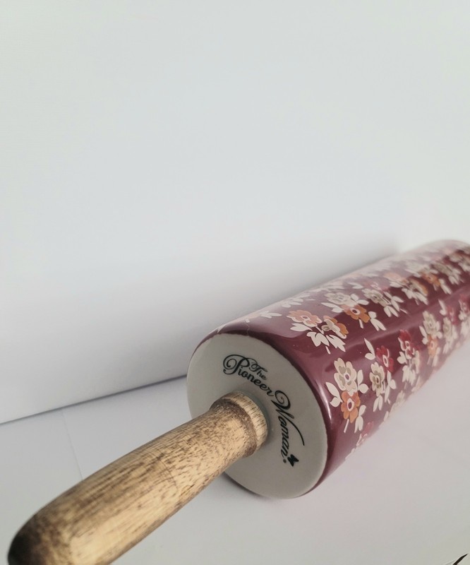Retired Pioneer Woman Rolling Pin Fall Flowers Burgundy Autumn Harvest Ceramic