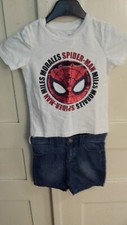 Boys 2 piece outfit, shorts, blue, size 82 and "Spider Man" t-shirt, white, size 98