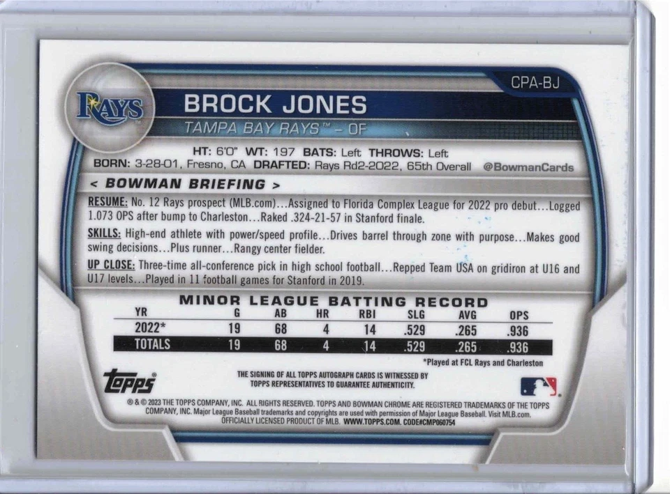 2023 Bowman Chrome baseball Brock Jones Atomic Refractor rookie auto /100 card - Image 2 of 2