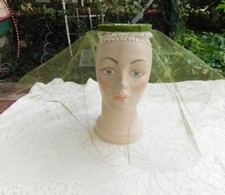 VINTAGE 1950's GREEN VELVET  LACE HAT WITH LONG VEIL