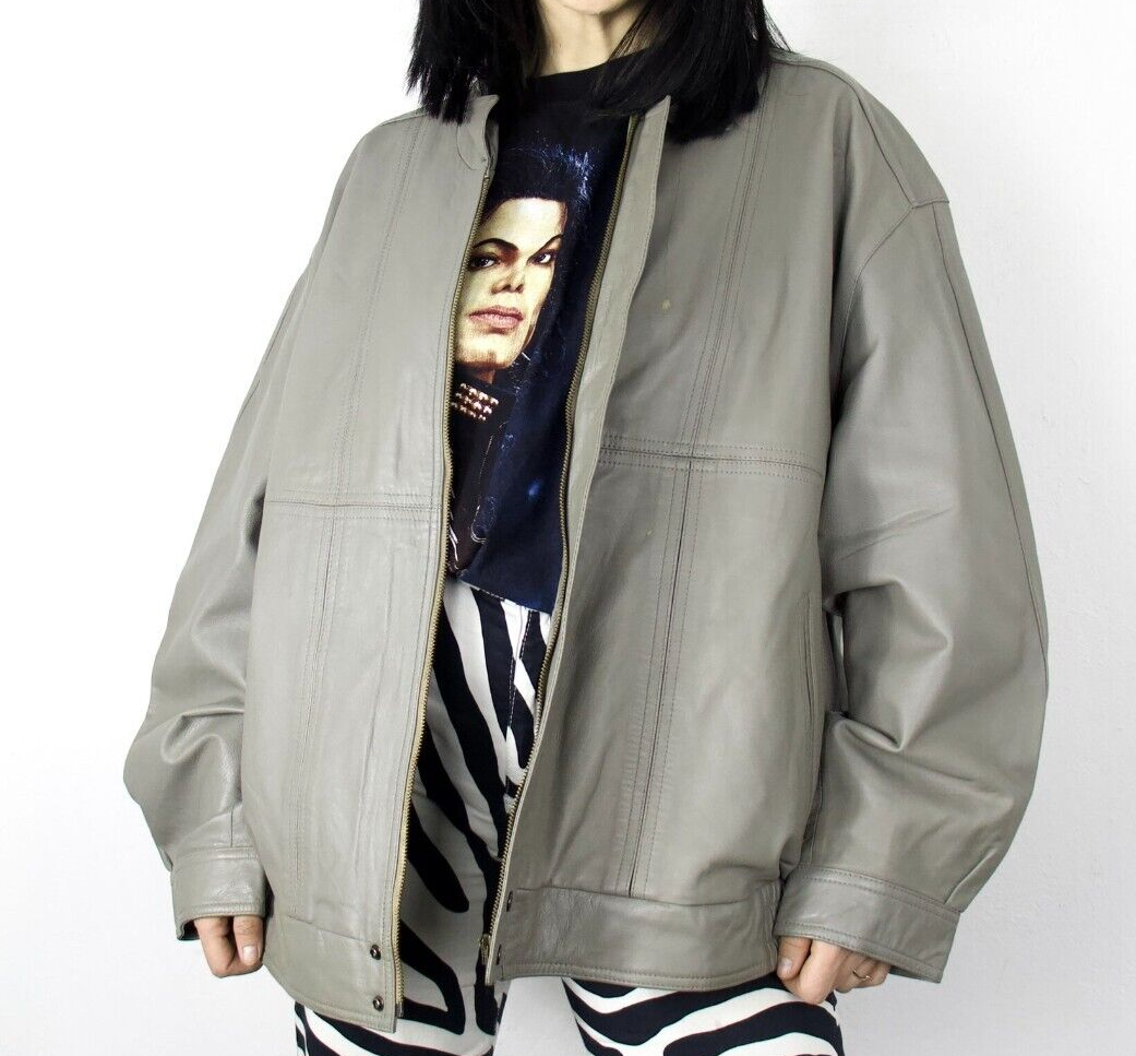 Vintage 80s 90s Gray Leather Bomber Jacket for Men Aviator Style M-L SPORTOURESS-image