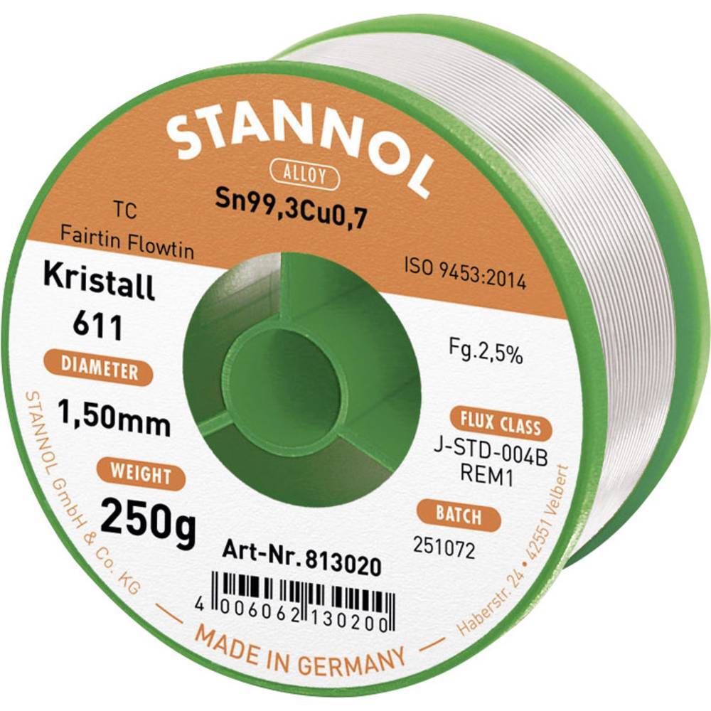 Stannol Kristall 611 Fairtin Stagno senza piombo senza piombo Sn99,3Cu0,7 REM1