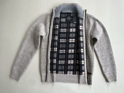 Buffalo David Bitton Sweater Jacket Men M Tan Knit Watte Geometric Flannel Lined - Picture 7 of 18