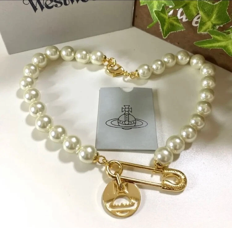 Vivienne Westwood Safety Pin Orb Glass Pearl Choker Necklace Near