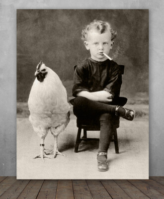 Bizarre Strange Weird Boy Smoking Cigarette with Giant Chicken -  Poster/Canvas