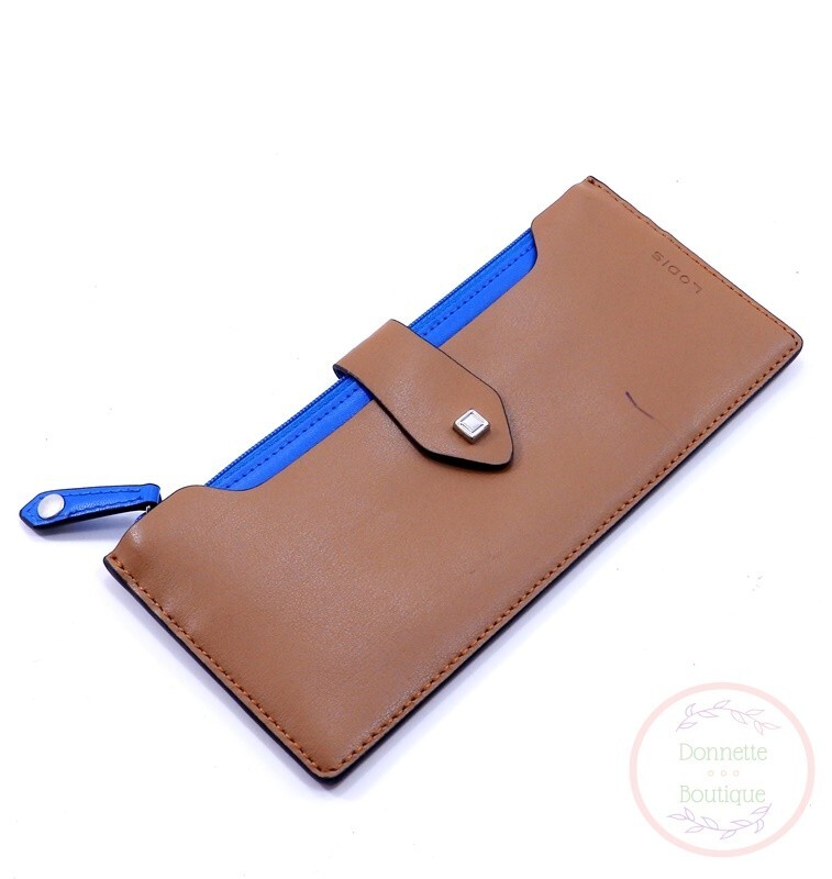 LODIS Long Slim Card Wallet Brown Leather Zip Snap Closure NWD