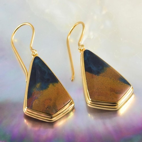 Earrings Multicolor Bacan Chrysocolla Cabochon & 18K Gold Vermeil Sterling 7.28g - Picture 7 of 12