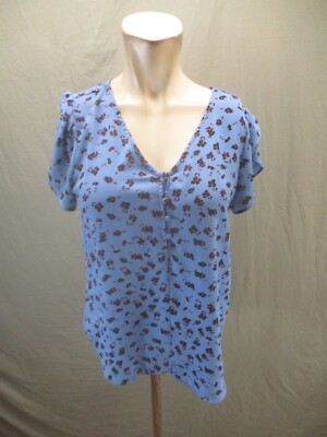 Philosophy Size S Womens Blue 1/2 Button V-Neck Short Ruffle Sleeve Blouse 498