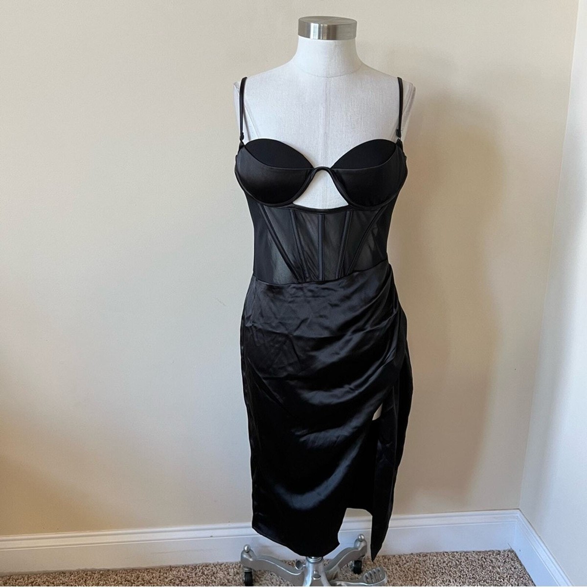 Heiress Beverly Hills Black Satin Corset Split Draped Midi Dress 26114