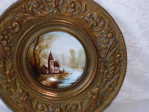 Antique French Porcelain Painting Miniature Portrait Repousse Dragon Brass Frame - Picture 2 of 13