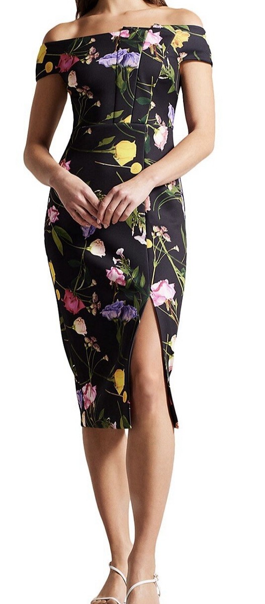 floral bardot bodycon dress Ted Baker Loveina Off Shoulder Sz1 SM Black Print ted baker floral midi dress
