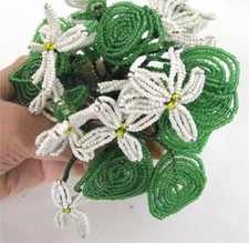 Vintage French Beaded Glass Seed Beads White Flowers Nosegay 30 Stems Leaves