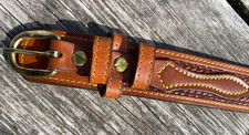 30โ Circle Y brown Leather Belt basket weaved stamped, bronze buckle USA made