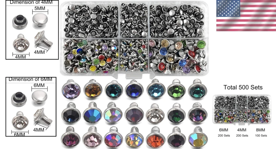 500 conjuntos de rebites de cristal CZ para artesanato em couro - cores e tamanhos mistos, 4mm-8mm - Imagem 2 de 4