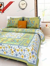 Jaipuri Floral Print Home Decor Double Green Color Bed Sheet With 2 Pillow Cover