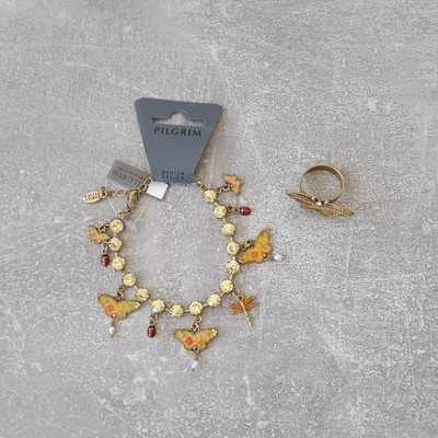 PILGER SET SCHMETTERLING ARMBAND VERSTELLBAR RING KRISTALL GOLD EDELSTAHL