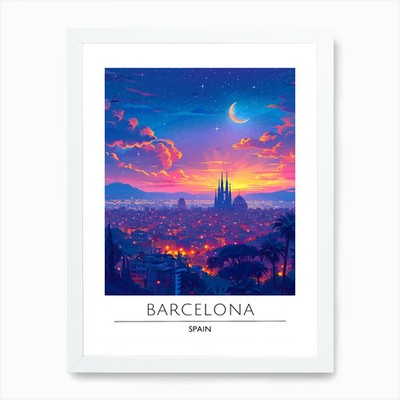 Barcelona At Night Art Print Framed Framed Wall Art Poster Canvas Print Picture