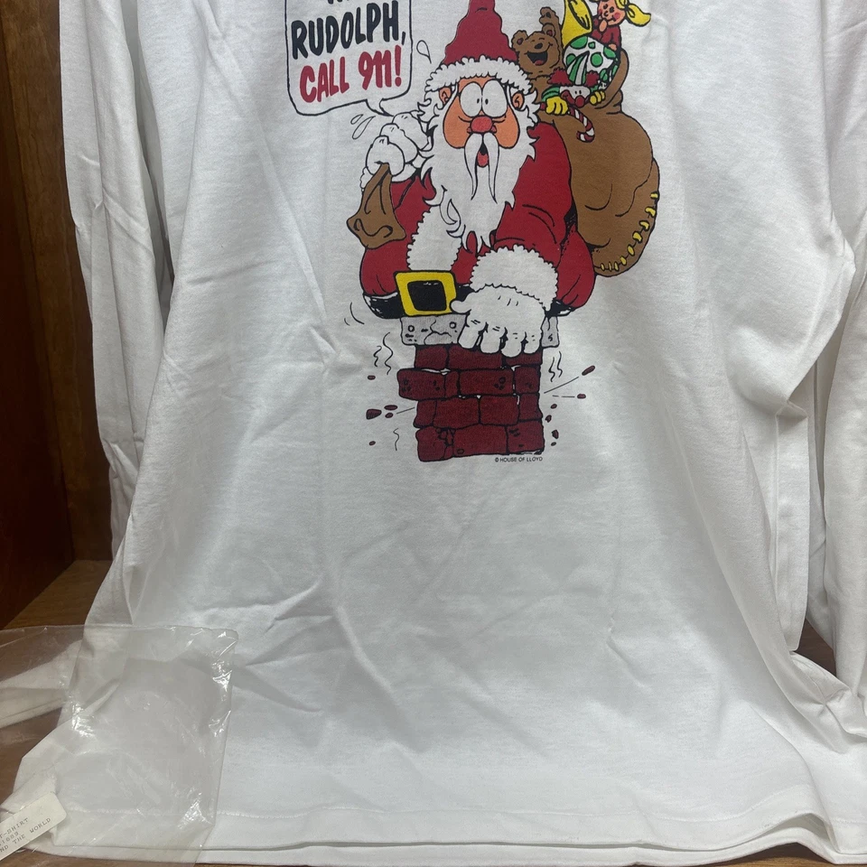 New Santa Claus T Shirt Mens XL Humor Rudolph Call 911 Christmas Vintage - Image 4 of 4