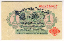 1914 Germany 1 Mark 670017 Reichbanknote Paper Money Banknotes