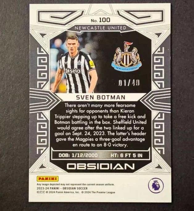 Sven Botman 2023-24 Panini Obsidian Electric Etch Orange 01/40 #100 - Image 2 of 2