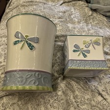 Jenny Jeff Dragonfly Dream Ceramic Tissue Cover and Trash Can Aqua Purple