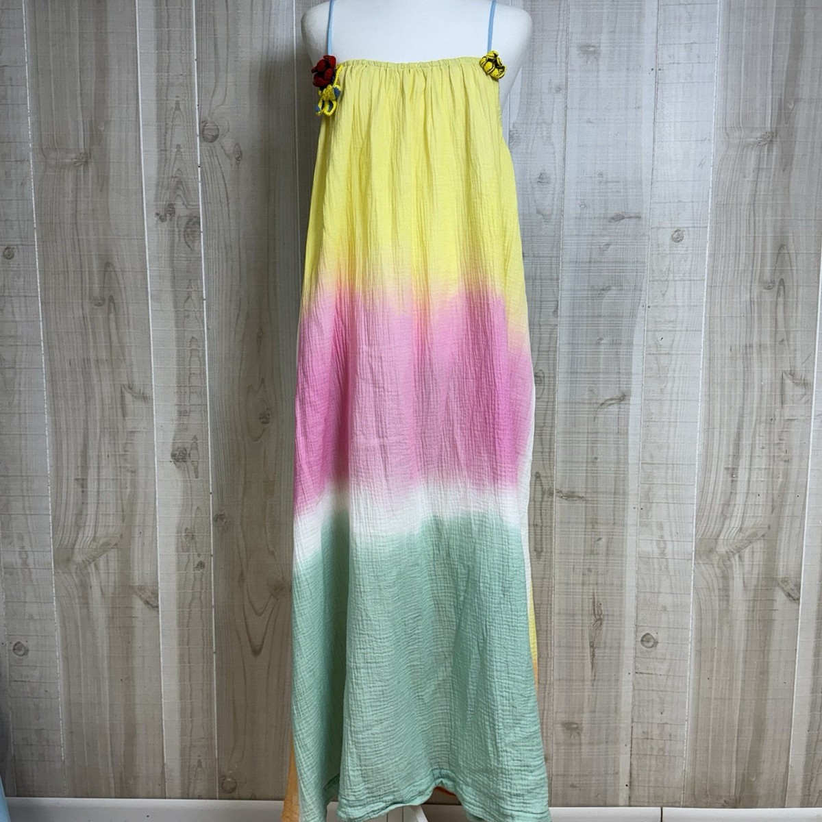 Mira Mikati Maxi Dress M Ombre Rainbow Crochet Strap Resort Boho Gauze  Sundress | eBay
