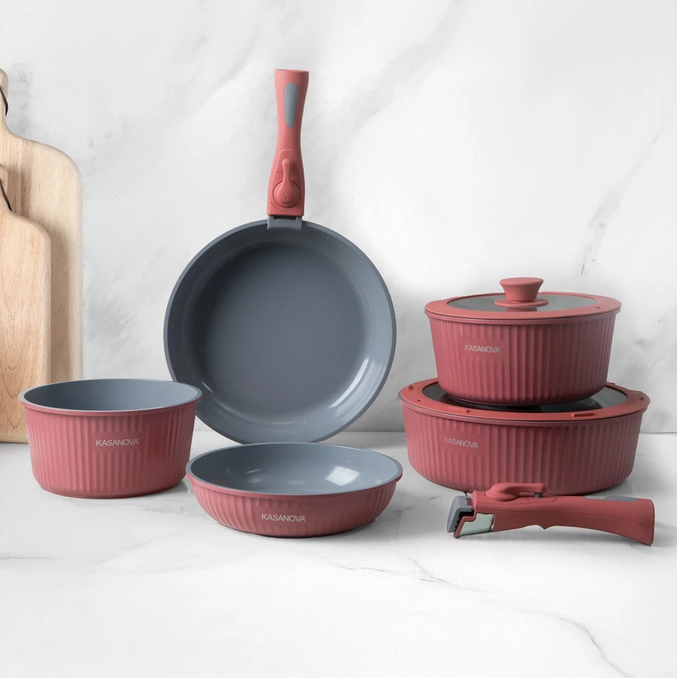 KASANOVA Batteria pentole antiaderenti per induzione 9 pezzi Eaziclip rosa - Imagen 3 de 4