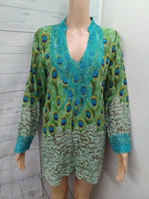 Sol Embroidered Tunic Shirt Peacock Peasant Boho 100% Cotton Turquoise Sz S