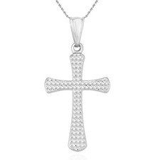 14K White Gold Diamond-Cut Religious Cross Pendant 1.3"