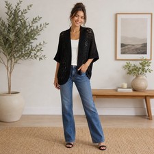 Black Crochet Cardigan Boho Open Knit Kimono Festival Lightweight Chic Workwear