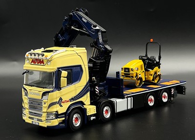 Scania riged flatbed truck fassi crane+ CAT utility compactor ''Autaa'' WSI models