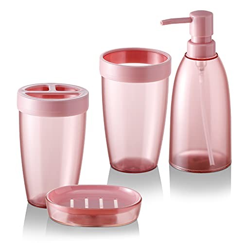 Bathroom Accessories Set 4Piece Plastic Bathroom Decor Sets 4pcs Pink - Picture 2 of 7