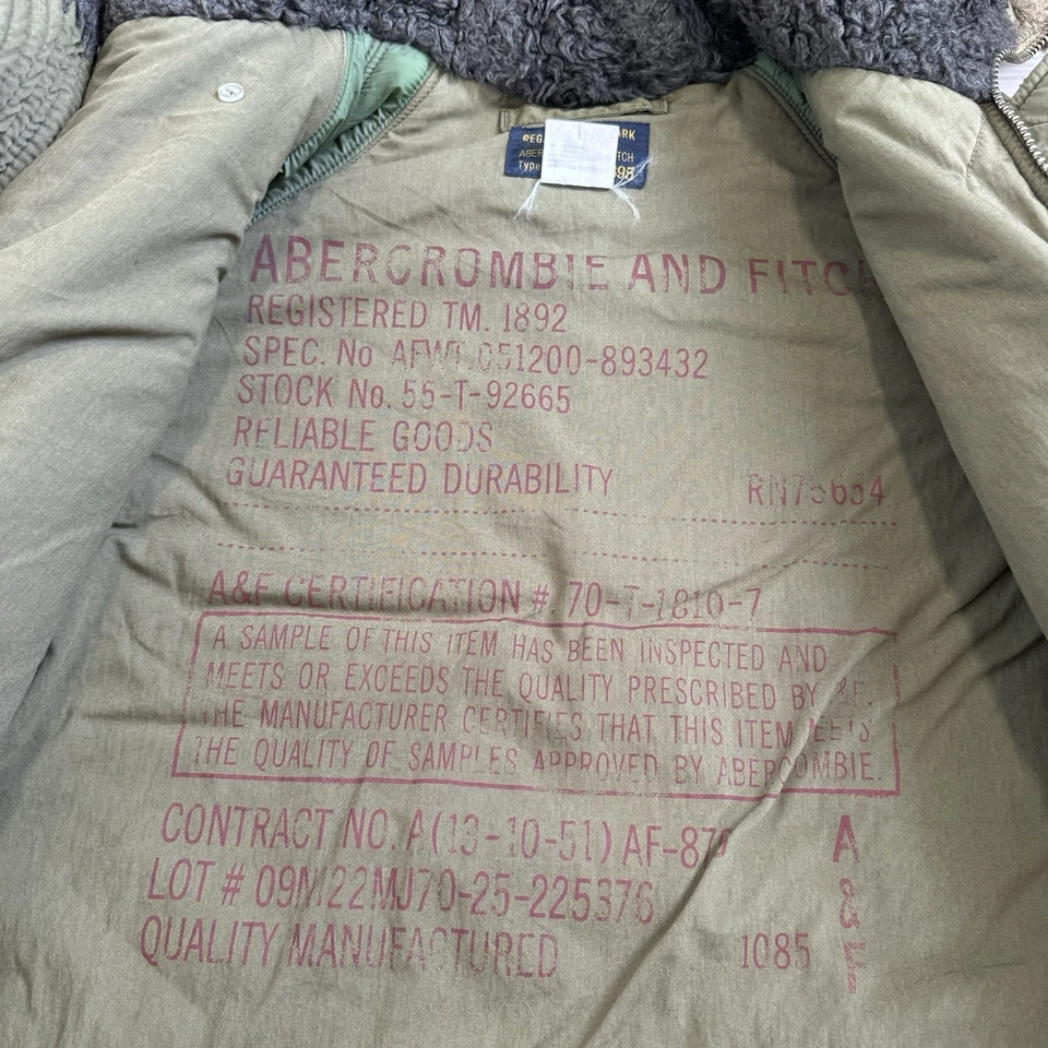 Vtg Abercrombie Fitch Parka Green Army Military Sherpa Jacket Lined Fur Hood - Image 3 of 4