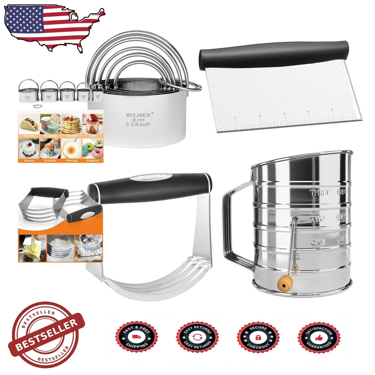 Professional 4pc Stainless Steel Pastry Cutter Set - 3 Cup Sifter, Dough Blender